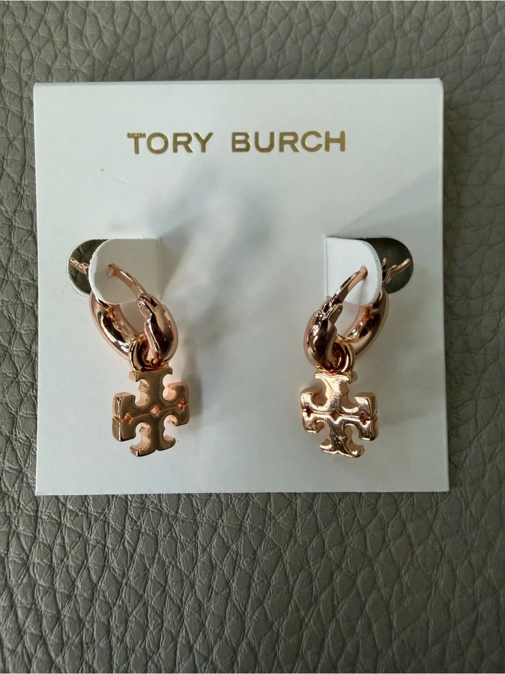 Tory Burch Rose Gold Logo Drop Hoop Earrings with Charm